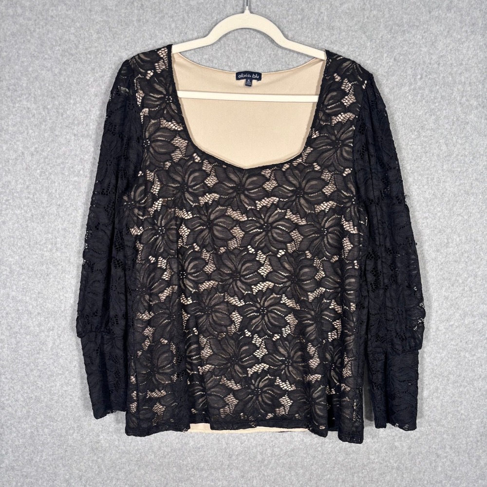 Olivia Blu Lace Blouse XL Floral Sheer Puff Sleeve Victorian Whimsigoth Feminine